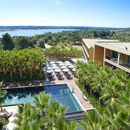 Ap Lago Montargil - Conference & Spa Eksteriør billede The photo shows a scenic view of a modern hotel or resort. In the foreground, there is a swimming pool surrounded by palm trees, with lounge chairs positioned beside it. Sun umbrellas provide shade over the chairs. The background features a lush land